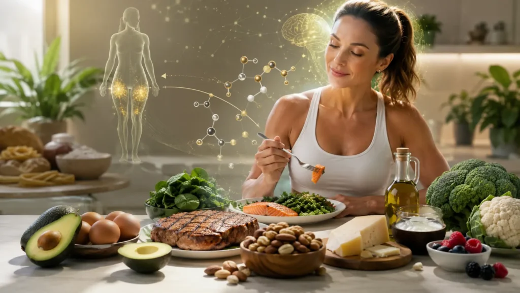 Mulher consumindo refeição com alimentos da dieta cetogênica como abacate, ovos, carnes e oleaginosas com holograma biológico.