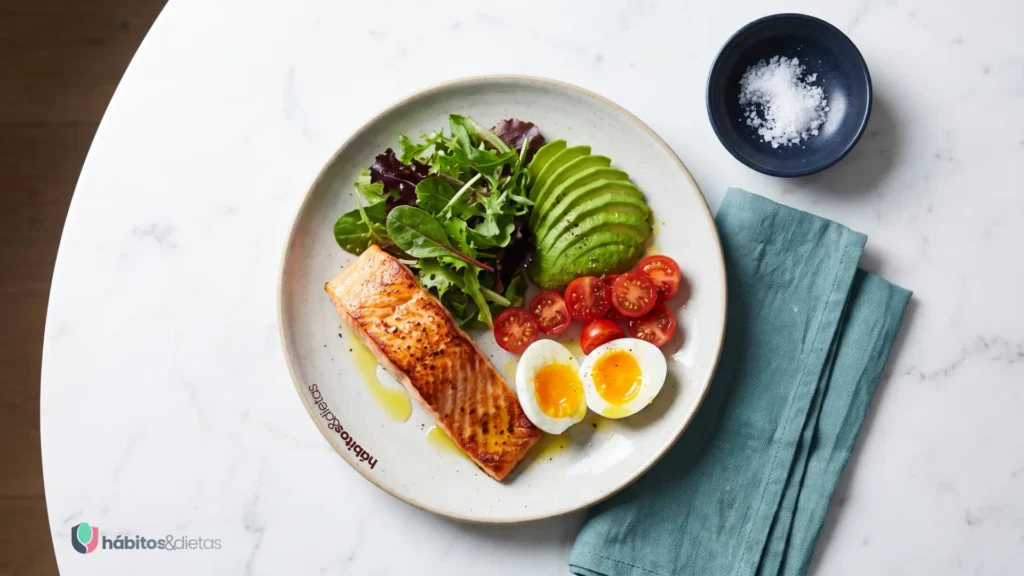 Prato com alimentos da dieta low carb de verdade, incluindo abacate, ovos, carnes e vegetais verdes para iniciantes.