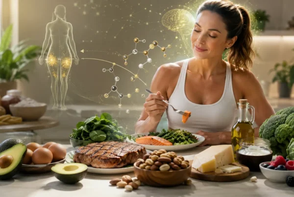 Mulher consumindo refeição com alimentos da dieta cetogênica como abacate, ovos, carnes e oleaginosas com holograma biológico.