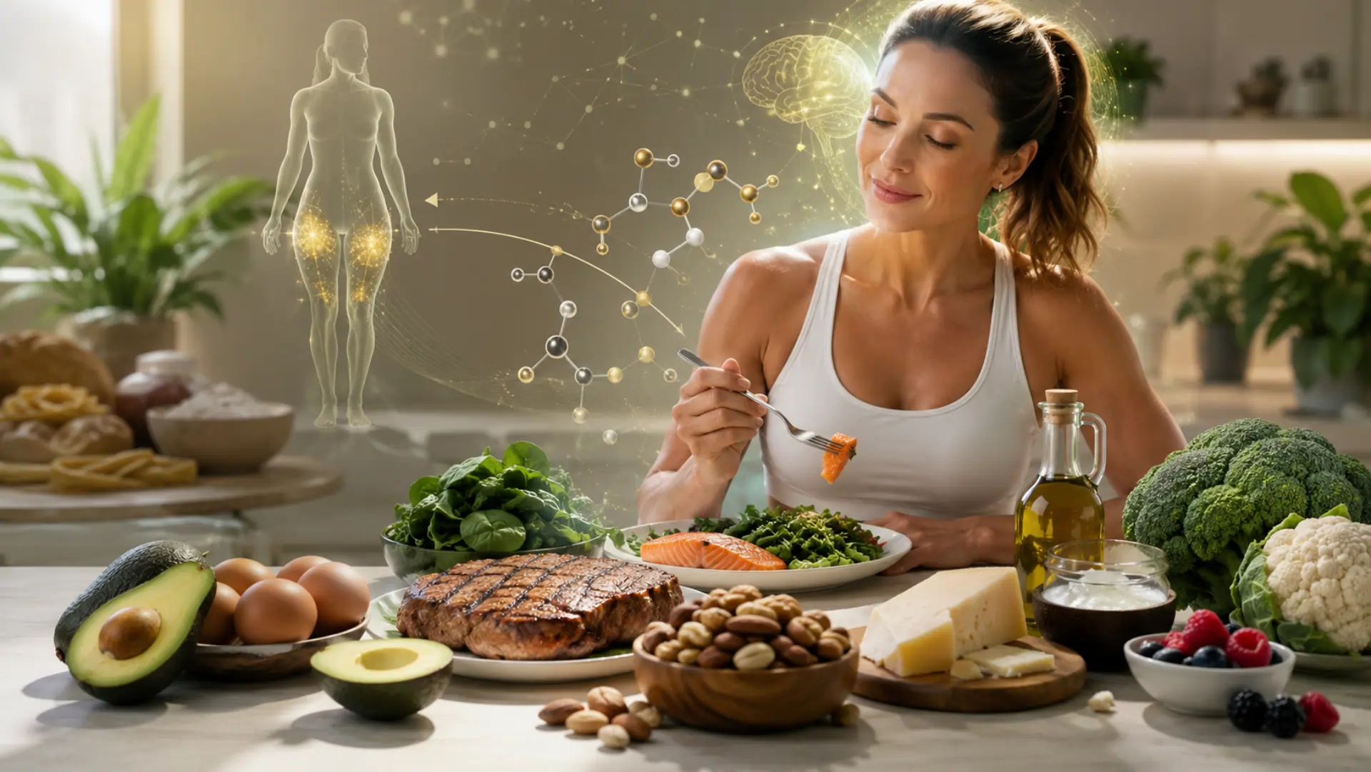 Mulher consumindo refeição com alimentos da dieta cetogênica como abacate, ovos, carnes e oleaginosas com holograma biológico.