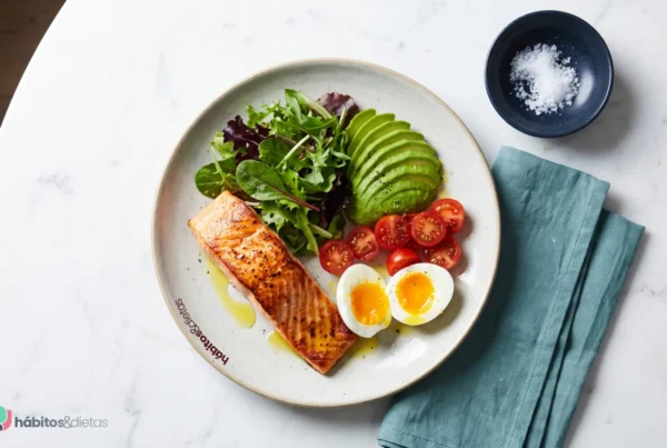 Prato low carb com salmão grelhado, ovos, abacate, tomates e folhas verdes sobre mesa de mármore para o guia de iniciantes.