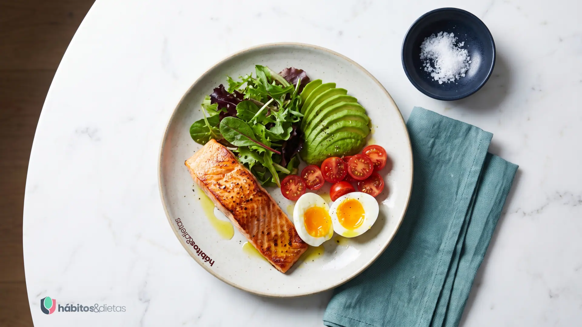 Prato com alimentos da dieta low carb de verdade, incluindo abacate, ovos, carnes e vegetais verdes para iniciantes.