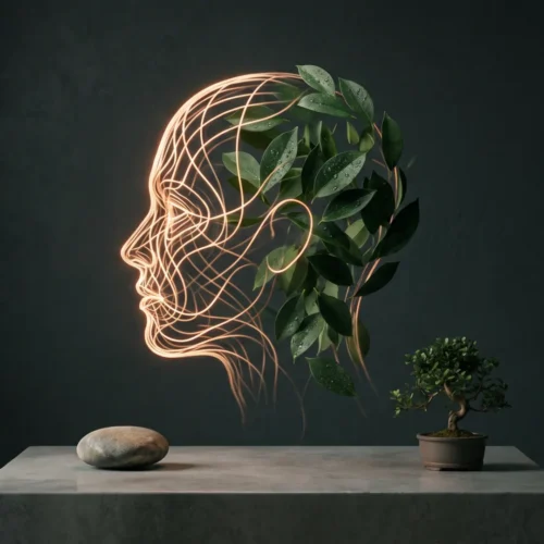 Silhueta minimalista de um perfil humano estilizado com circuitos de luz que se misturam a folhas verdes, sob iluminação suave de estúdio.