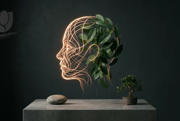 Silhueta minimalista de um perfil humano estilizado com circuitos de luz que se misturam a folhas verdes, sob iluminação suave de estúdio.