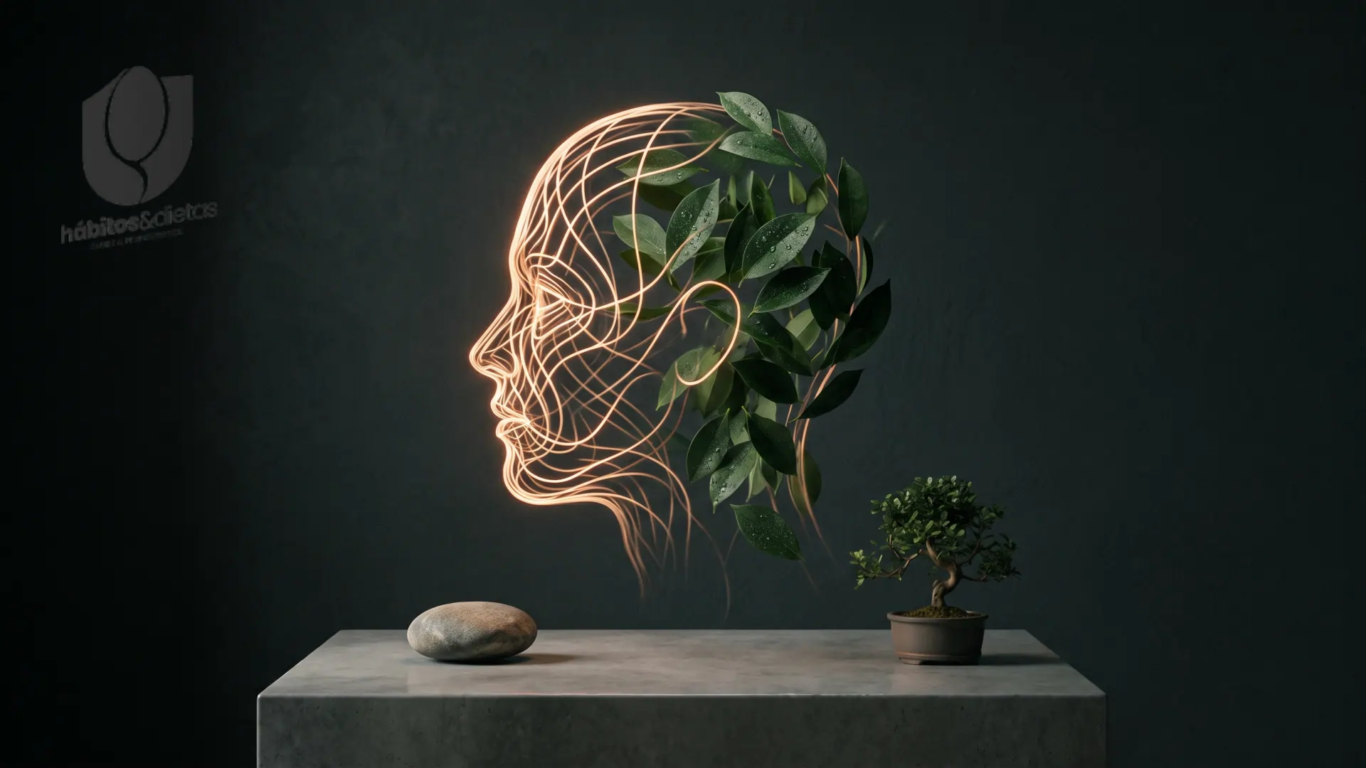 Silhueta minimalista de um perfil humano estilizado com circuitos de luz que se misturam a folhas verdes, sob iluminação suave de estúdio.