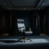 Sala de reunião executiva vazia com iluminação dramática, focando no esgotamento mental da liderança corporativa.