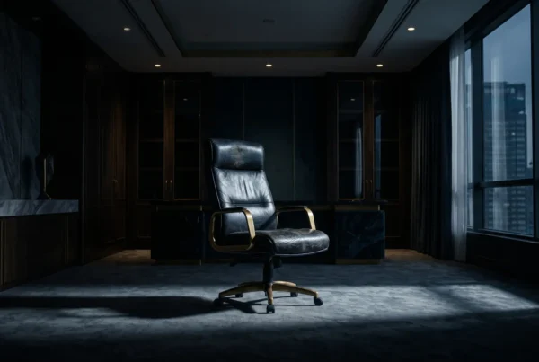 Sala de reunião executiva vazia com iluminação dramática, focando no esgotamento mental da liderança corporativa.