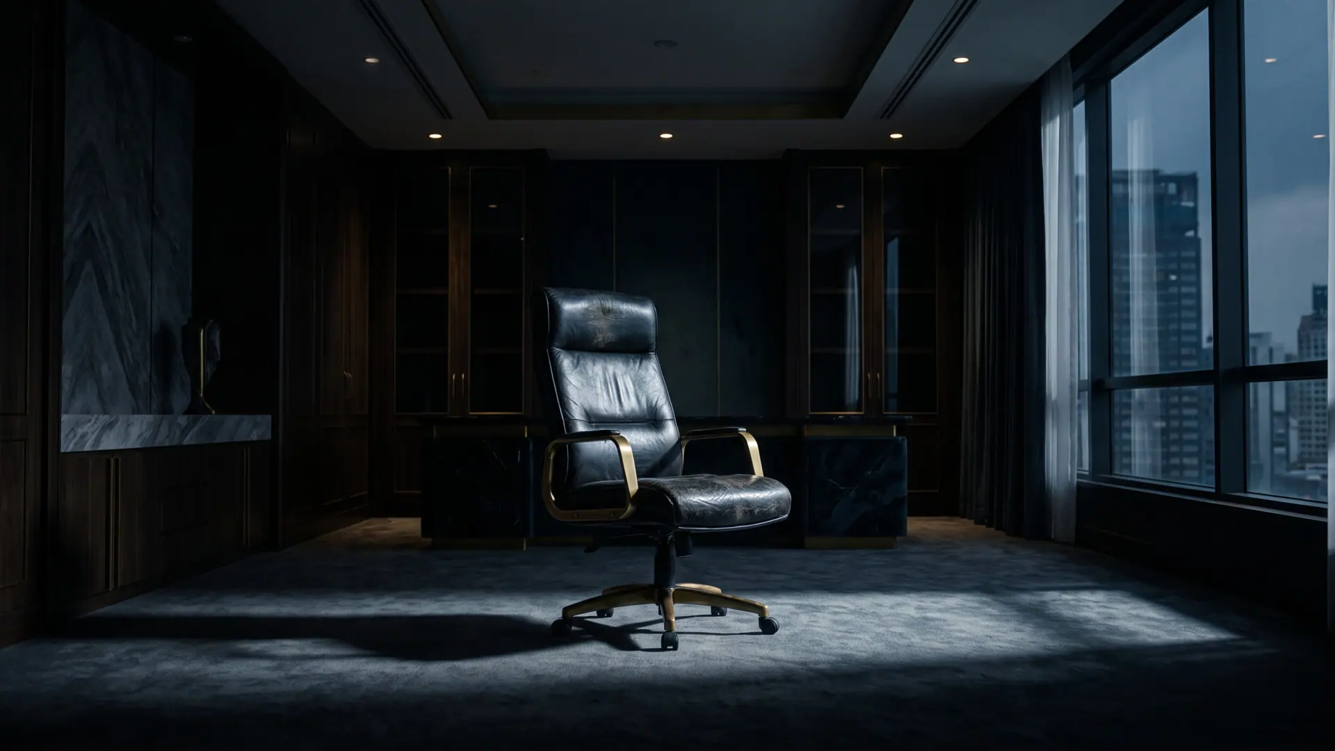 Sala de reunião executiva vazia com iluminação dramática, focando no esgotamento mental da liderança corporativa.