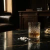 Copo de cristal com bebida âmbar e cápsulas espalhadas sobre uma mesa escura de mármore, iluminados por uma luz dramática.