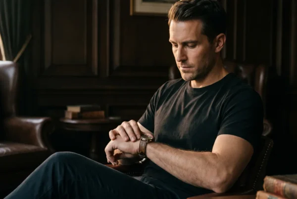 Homem vestindo uma camiseta preta minimalista de alta costura, com um relógio clássico, em um ambiente de luz controlada e elegante.